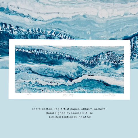 Artistic depiction of mountains with a white border and text about the print on a light blue background