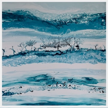Artistic depiction of a snowy landscape with bare trees and a cold blue palette.