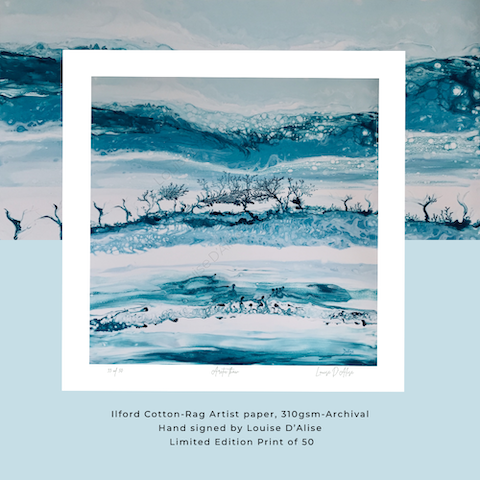 Artistic depiction of a snowy landscape with trees, framed by a white border on a light blue background.