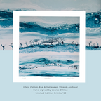 Artistic depiction of a snowy landscape with trees, framed by a white border on a light blue background.
