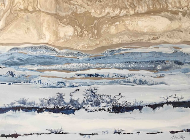 Abstract landscape painting with earthy tones and snow